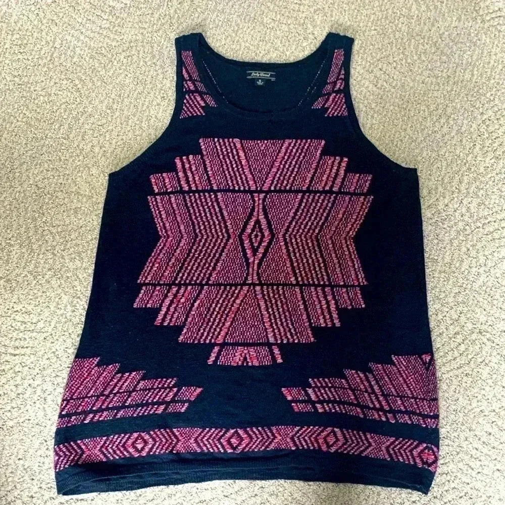 Lucky Brand navy tank top with multicolor woven print